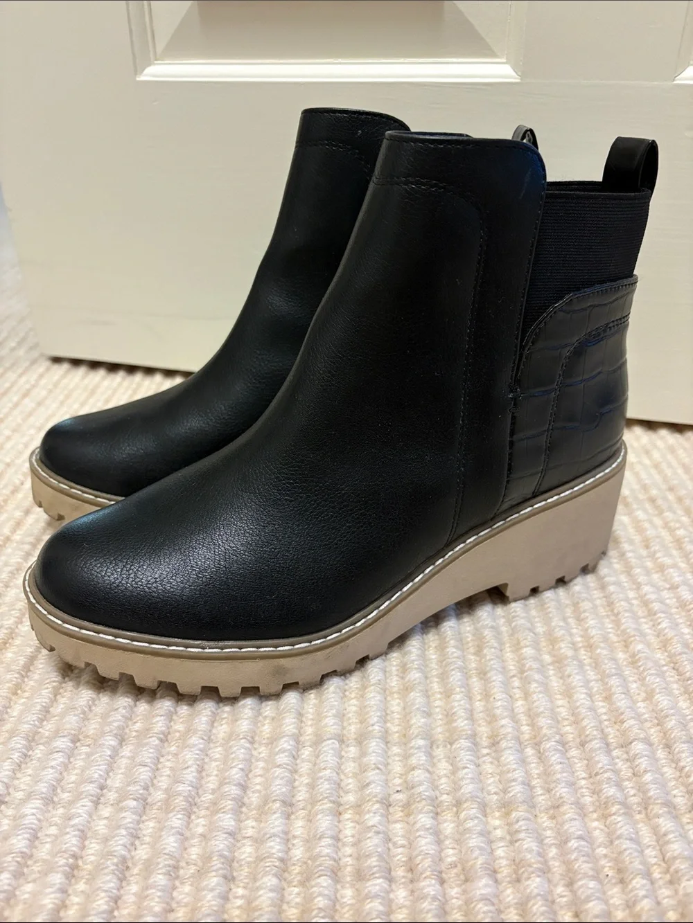 Dolce Vita Black Leather Wedge Chelsea Booties with Tan Lug Sole